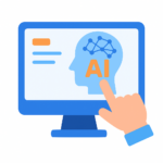 Illustration d’un écran affichant une tête stylisée avec un réseau neuronal et l’inscription “AI”, avec une main pointant vers l’image.