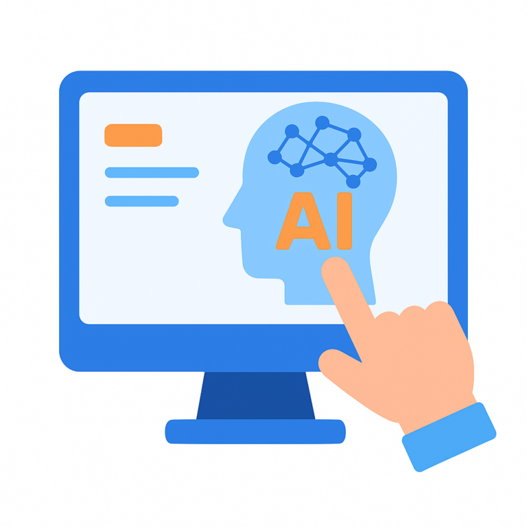 Illustration d’un écran affichant une tête stylisée avec un réseau neuronal et l’inscription “AI”, avec une main pointant vers l’image.