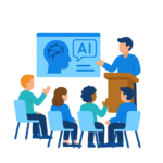 Illustration d’un formateur expliquant un concept d’intelligence artificielle à un groupe de personnes assises, devant un écran montrant une tête stylisée et l’icône “AI”.