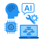 Illustration regroupant plusieurs icônes liées à l’intelligence artificielle : tête stylisée avec cerveau, puce électronique, clé et engrenage, et un ordinateur affichant un schéma de processus.