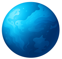 Illustration d’une planète bleue avec des motifs fluides rappelant des océans, dans un style cartoon.