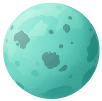 Illustration d’une planète turquoise avec des cratères sombres, dans un style cartoon.